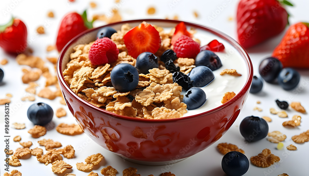 Muesli with berries and yogurt served on the white background Muesli with berries and yogurt served on the white background