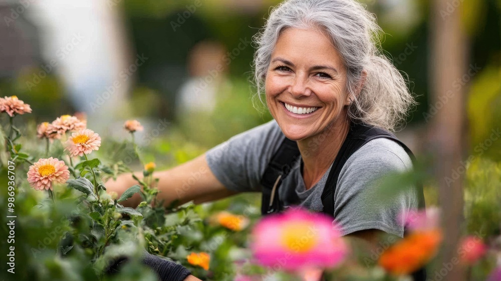 Grey-haired woman smiling while tending to her garden, surrounded by blooming flowers and greenery on a sunny day. Grey-haired woman smiling while tending to her garden, surrounded by blooming flowers and greenery on a sunny day.