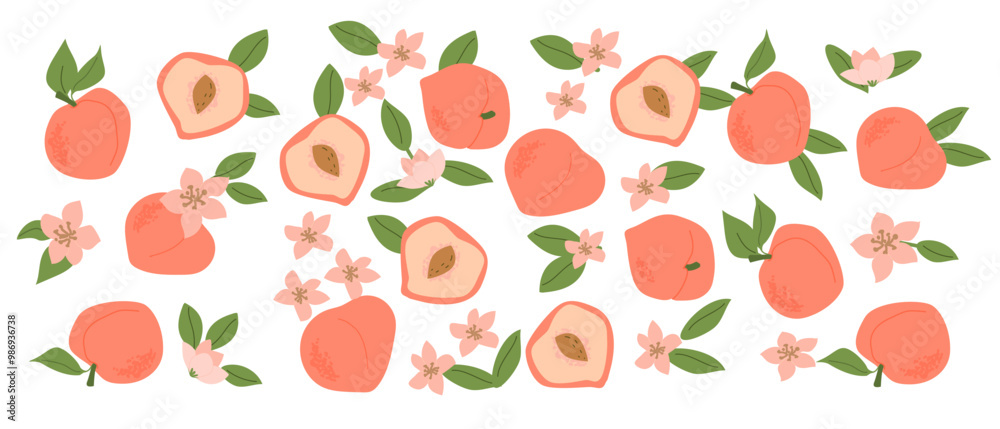 Hand drawn abstract fruit peach plant set. Whole fruit, slices, pieces and leaves, flowers. Can used for posters, labels, patterns. Hand drawn abstract fruit peach plant set. Whole fruit, slices, pieces and leaves, flowers. Can used for posters, labels, patterns.