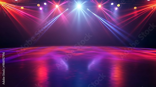 A dark stage with colorful spotlights illuminating a reflective floor.