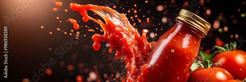 A bottle of ketchup is upended, sending a bright red splash of sauce into the air. The vibrant color and dynamic movement create a sense of energy and excitement, perfect for showcasing the deliciousn photo