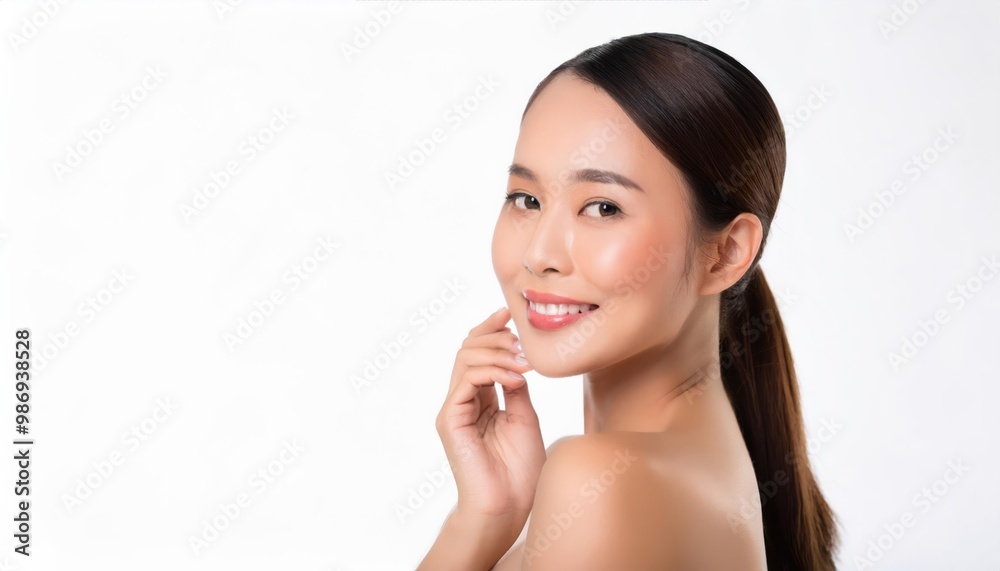 Image of an Asian woman, refreshing after a massage. Isolated background, Generative AI Image of an Asian woman, refreshing after a massage. Isolated background, Generative AI