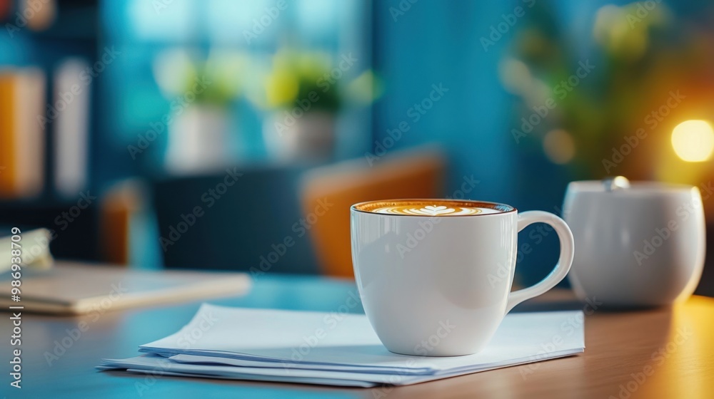 Negotiation in a chic, casual office lounge, coffee cups and business documents on the table Negotiation in a chic, casual office lounge, coffee cups and business documents on the table