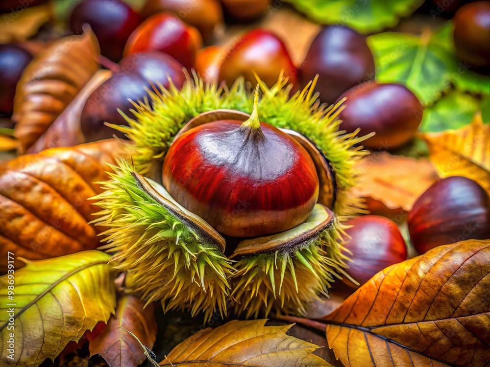A stunning close-up reveals the intricate texture and deep, earthy hues of a chestnut casing, highlighting nature's A stunning close-up reveals the intricate texture and deep, earthy hues of a chestnut casing, highlighting nature's
