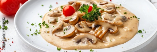 A close-up shot of a plate of creamy mushroom sauce with parsley garnish. The sauce is rich and creamy, with a hint of savory flavor. The mushrooms are cooked to perfection and the parsley adds a touc photo