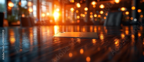 A close up of a wooden table with a blurred background of a restaurant with a phone lying on the table.