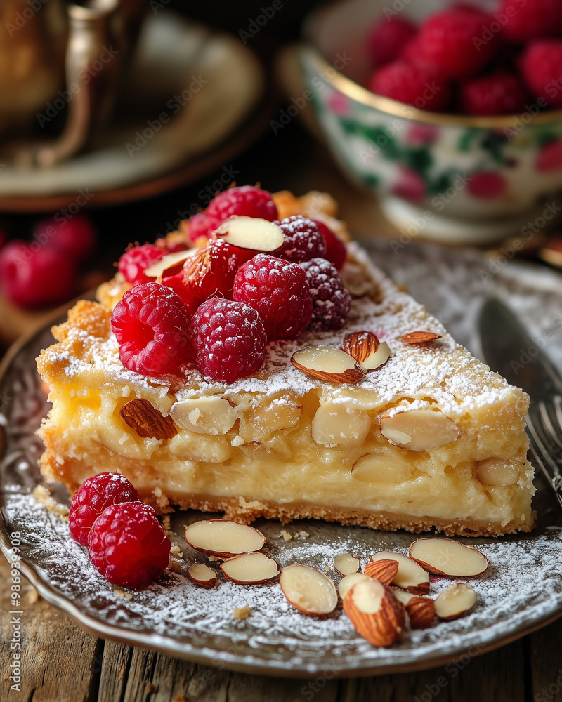 Close up of a beautiful slice of almond and raspberry cake Close up of a beautiful slice of almond and raspberry cake