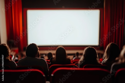 A group of people sit in a darkened cinema, facing a large, blank movie screen, ready to be entertained.  This image symbolizes anticipation, community, and the magic of movies. photo