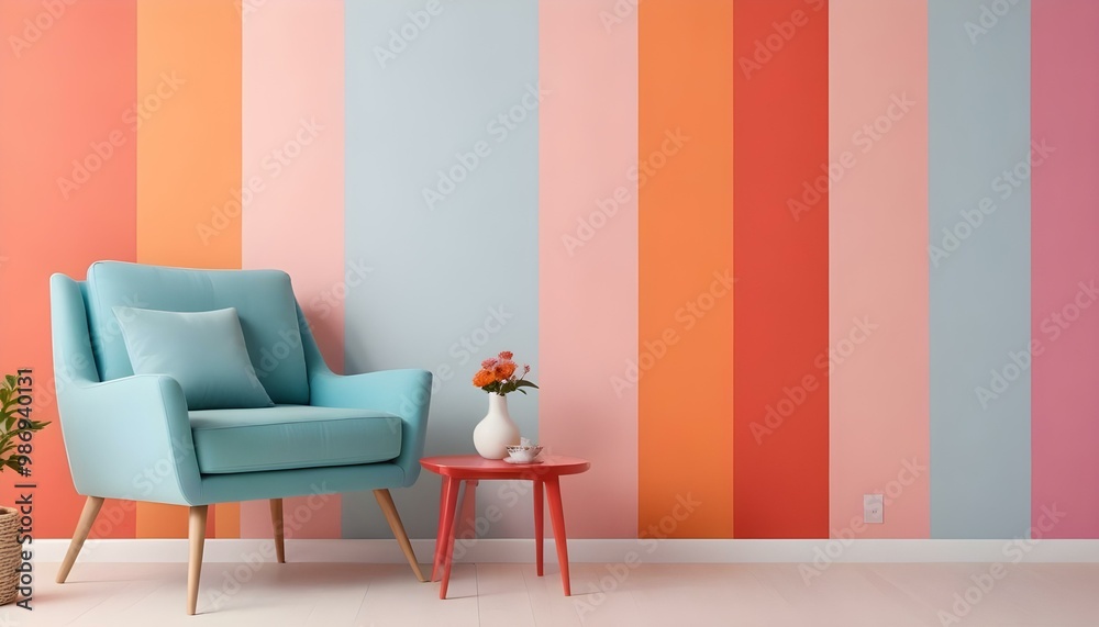 A modern living room with a teal sofa, a red side table, and a pink and orange striped wall. A modern living room with a teal sofa, a red side table, and a pink and orange striped wall.