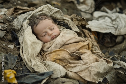 A newborn baby boy, swaddled in a tattered cloth, sleeps soundly in a pile of trash. This image evokes feelings of vulnerability, innocence, and the stark realities of poverty. The baby's peaceful slu photo