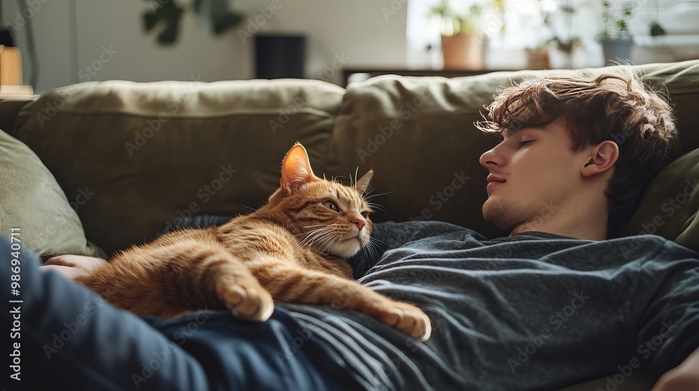A young man laying on a couch plays with a domestic brown cat. A young man laying on a couch plays with a domestic brown cat.
