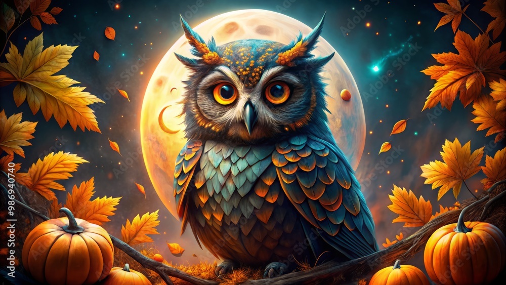 Naklejka premium Bewitching Halloween owl art showcases intricate designs, set against a mystical night sky adorned with autumn-themed