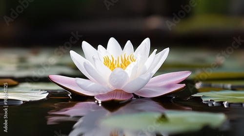 A pristine white lotus flower opens its petals above a calm pond, showcasing bright yellow stamens while surrounded by lush green lily pads on a sunny day