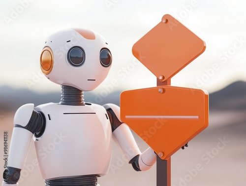A robot stands beside an orange sign in a desert landscape, symbolizing technology and exploration in a vast environment.