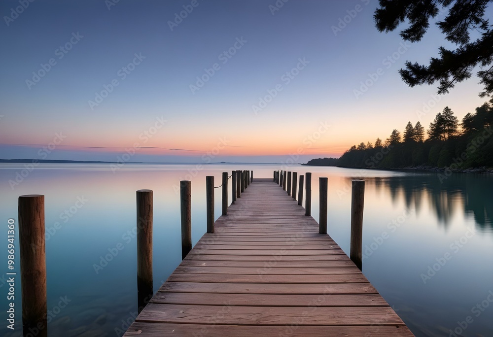 Fototapeta premium Wooden dock overlooking a calm blue ocean at sunset with a blurred background of trees and sky.
