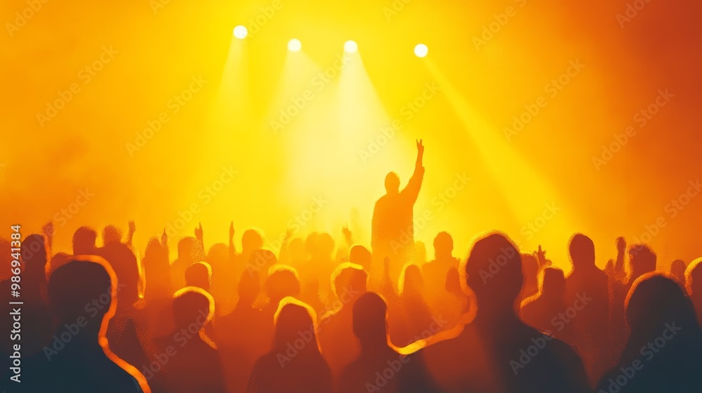 A vibrant silhouette of a crowd at a concert with stage lights shining brightly. The image captures the energy and excitement of a live performance, with the audience reaching up towards the performer A vibrant silhouette of a crowd at a concert with stage lights shining brightly. The image captures the energy and excitement of a live performance, with the audience reaching up towards the performer