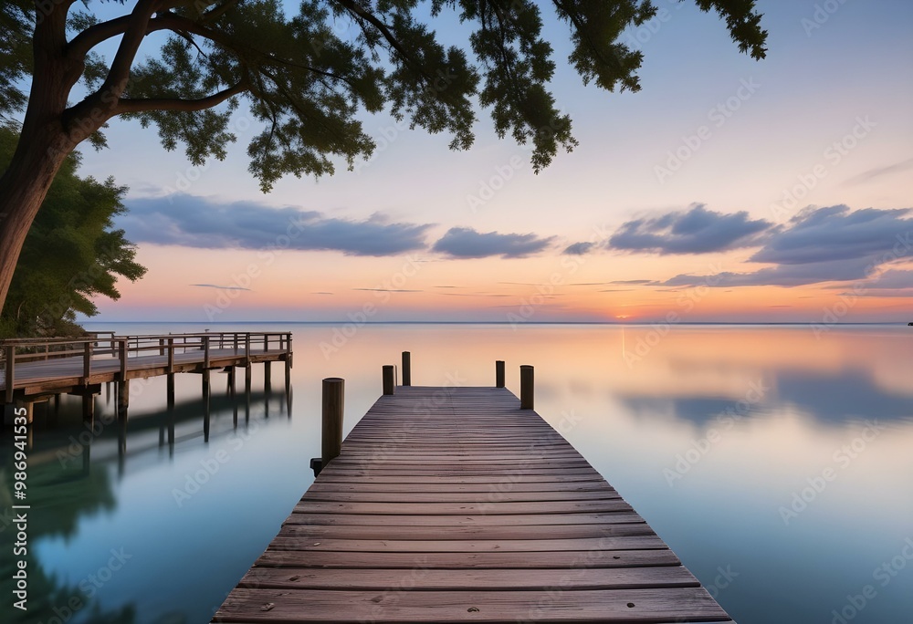 Wooden dock overlooking a calm blue ocean at sunset with a blurred background of trees and sky. Wooden dock overlooking a calm blue ocean at sunset with a blurred background of trees and sky.