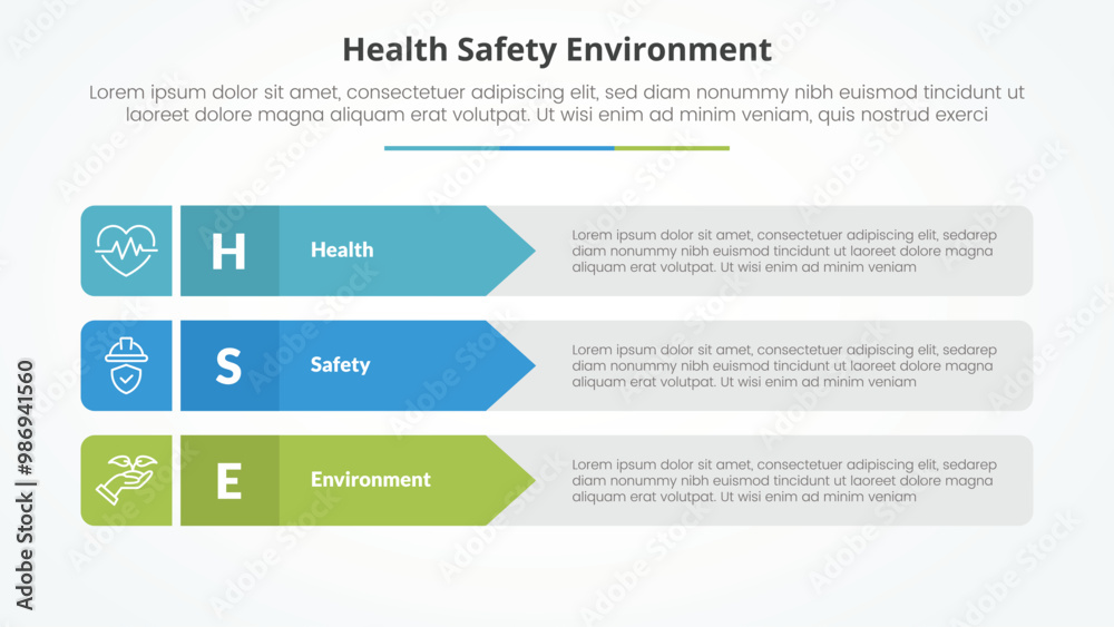 HSE infographic concept for slide presentation with rectangle arrow stack with 3 point list with flat style