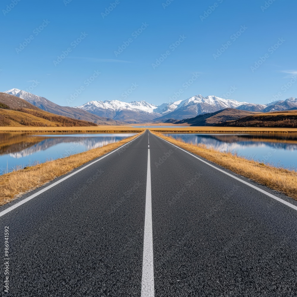 Fototapeta premium Scenic road leading towards snow-capped mountains with blue sky and clear reflections.