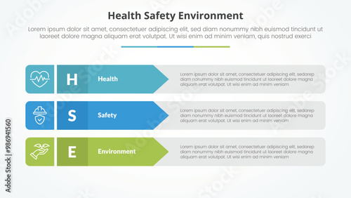 HSE infographic concept for slide presentation with rectangle arrow stack with 3 point list with flat style