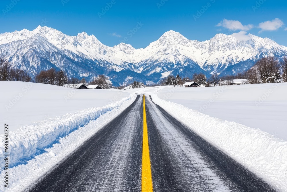 Snow-covered road leading to mountains under clear blue sky. Snow-covered road leading to mountains under clear blue sky.
