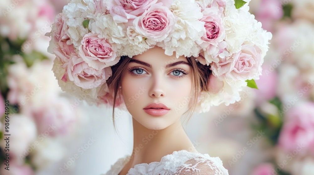 Naklejka premium A young woman stands gracefully with striking blue eyes, adorned with a beautiful crown of pink roses amidst blooming flowers, embodying the essence of spring