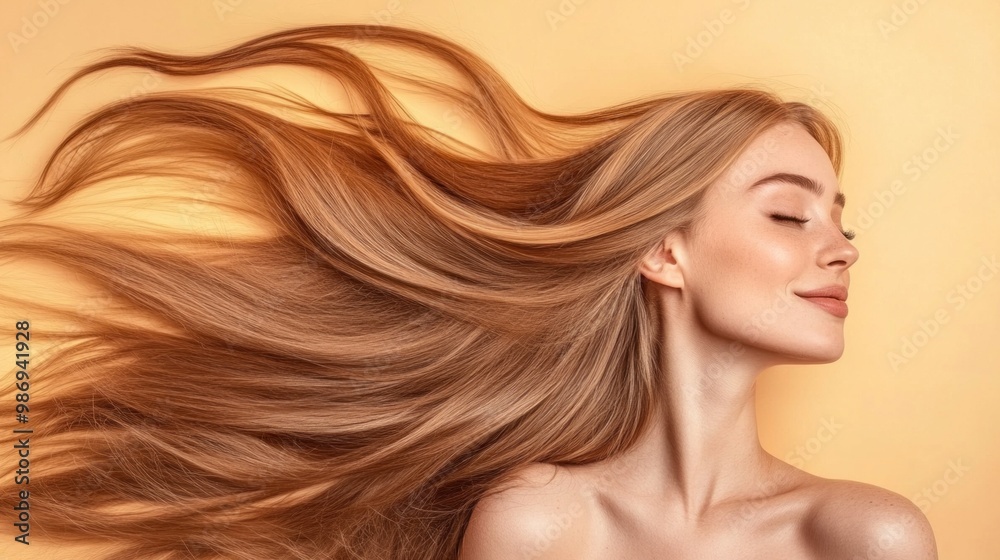The model gently twirls her long, golden hair against a vibrant yellow backdrop, exuding confidence and elegance while highlighting her clear complexion and serene expression