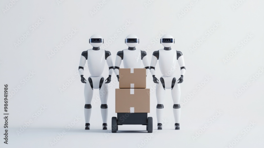 Three humanoid robots stand beside a cart stacked with cardboard boxes, set against a minimalistic background. Three humanoid robots stand beside a cart stacked with cardboard boxes, set against a minimalistic background.