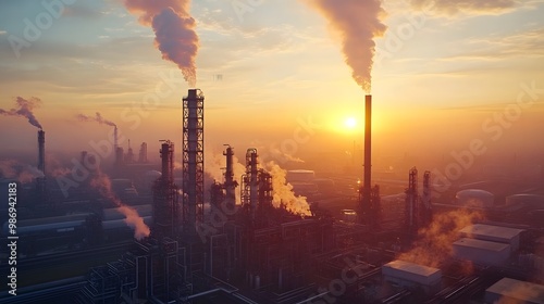 A city skyline with a large industrial plant emitting smoke. The sky is orange and the sun is setting