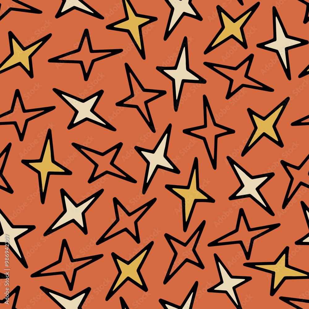 Seamless Pattern with Yellow and Red Doodle Stars. Seamless Pattern with Yellow and Red Doodle Stars.
