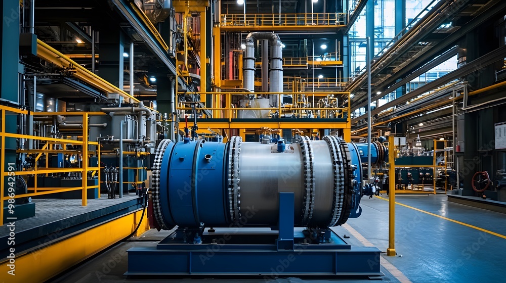 A large industrial machine with many pipes and valves. The machine is orange and white