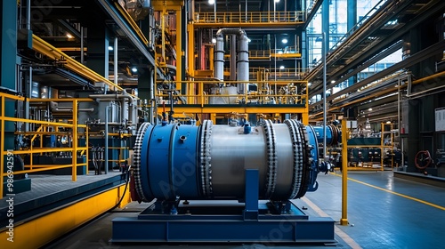 A large industrial machine with many pipes and valves. The machine is orange and white