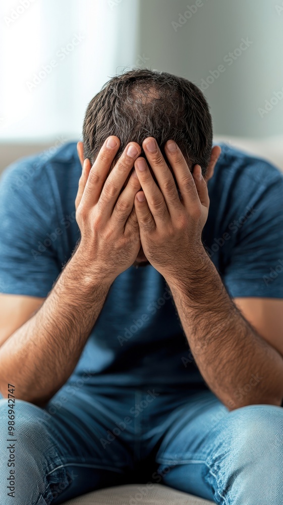 A man expressing deep emotion, hiding his face with his hands, reflecting stress and mental struggle in a serene environment. A man expressing deep emotion, hiding his face with his hands, reflecting stress and mental struggle in a serene environment.