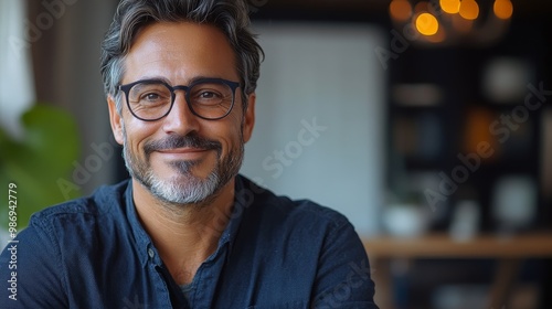 Happy adult Hispanic company owner man in glasses using application on mobile phone in office space alone, looking at camera, smiling for portrait, promoting online business communication