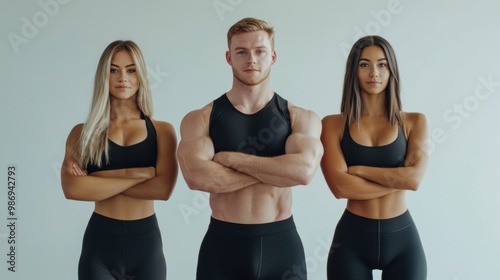 Three fitness enthusiasts stand together, arms crossed, showcasing their toned physiques in form-fitting athletic attire while exuding a sense of confidence and camaraderie photo