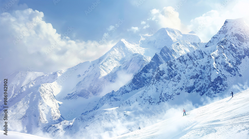 extreme skiers are enjoying a beautiful sunny day going down a snowy mountain. The fresh powder snow is blowing up behind them as they make their way down the mountain. Winter sports extreme skiers are enjoying a beautiful sunny day going down a snowy mountain. The fresh powder snow is blowing up behind them as they make their way down the mountain. Winter sports