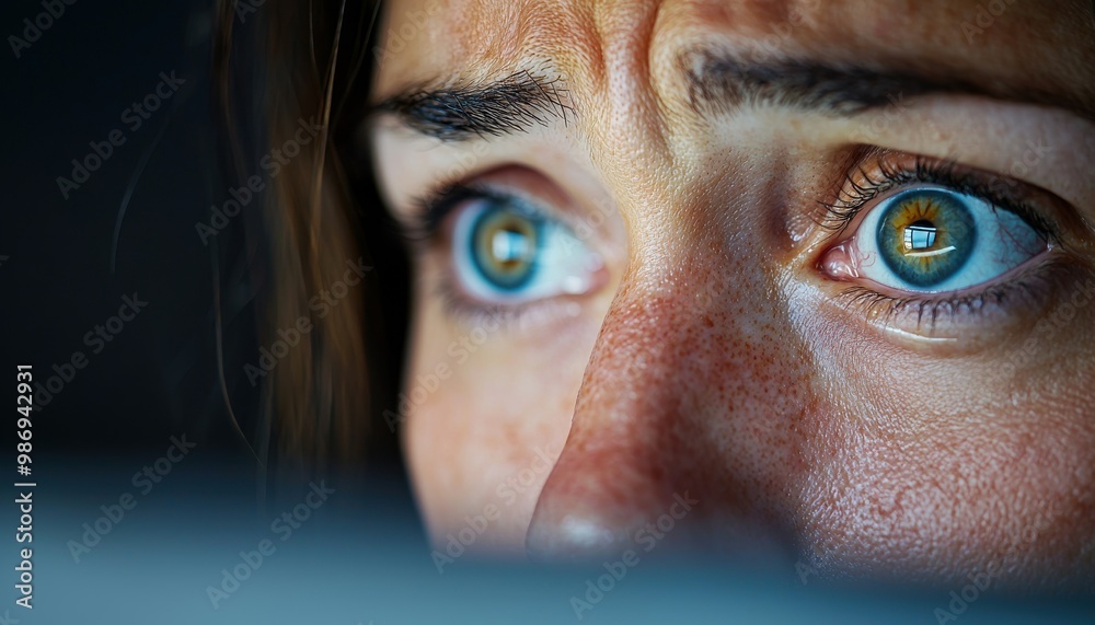 Close-up of a woman's anxious expression, showcasing blue eyes filled with concern and intensity in low light. Close-up of a woman's anxious expression, showcasing blue eyes filled with concern and intensity in low light.
