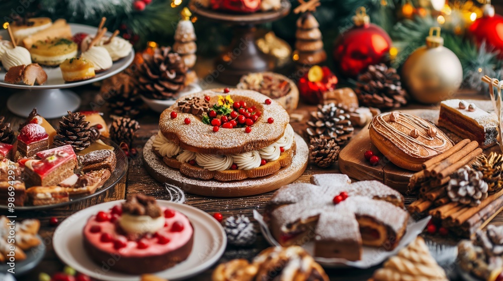 Fototapeta premium Delicious christmas and new year cakes, cookies, dessert, pastries are displayed on a wooden table with pine cones and ornaments surrounding them. Festive homemade food for celebration holiday party