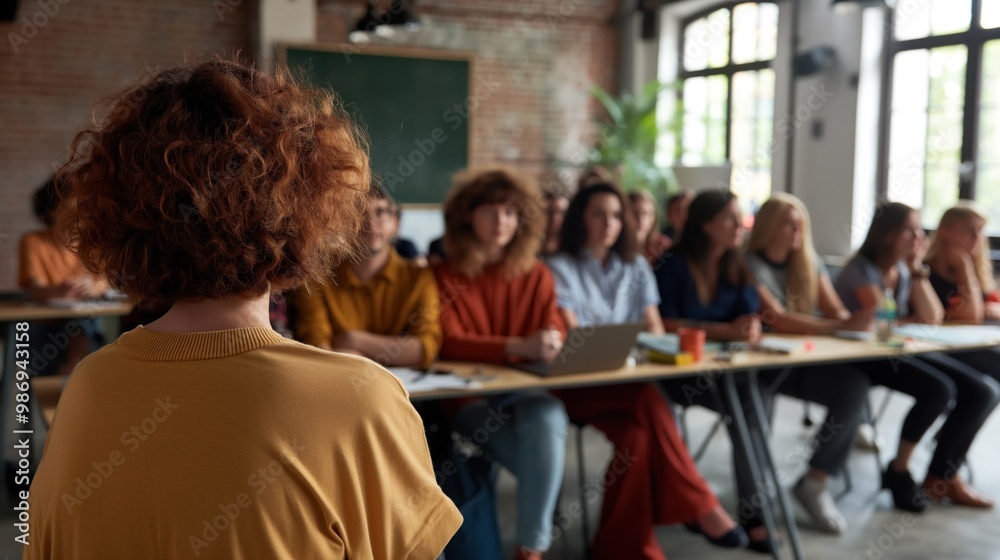 Obraz premium A teacher stands at the front, guiding an interactive discussion while students attentively listen and participate in a spacious, stylish classroom setting