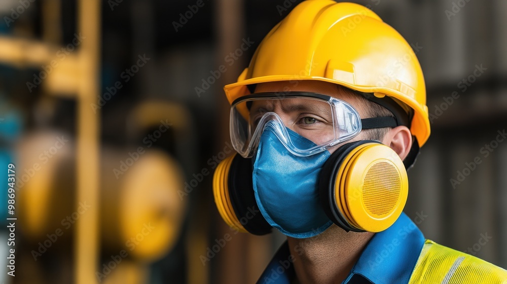 A construction worker stands in a warehouse, equipped with a yellow hard hat, goggles, and a respirator, ensuring safety while overseeing operations