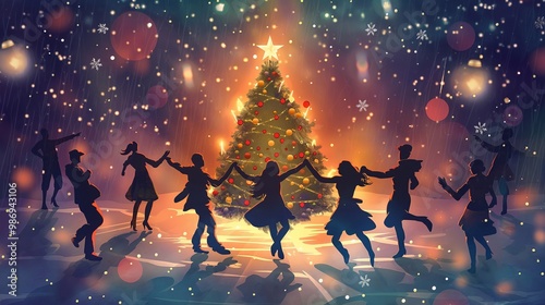 Group of friends is celebrating christmas and new year's eve, having fun together dancing in the snow around a decorated fir tree