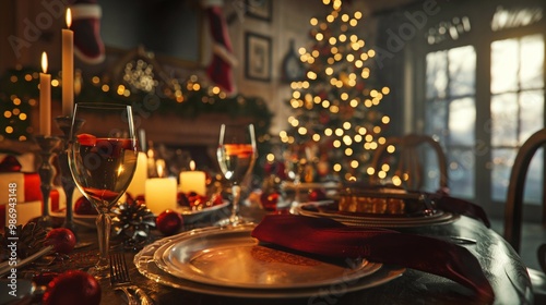 Festive atmosphere fills the dining room, where a christmas tree glows in the background, creating a warm and inviting ambiance for the holiday meal