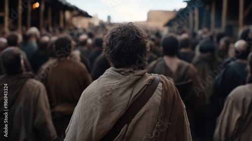 The bustling atmosphere of a historical marketplace is alive with activity, where a solitary man in simple clothing moves among a crowd of traders and patrons during daylight hours