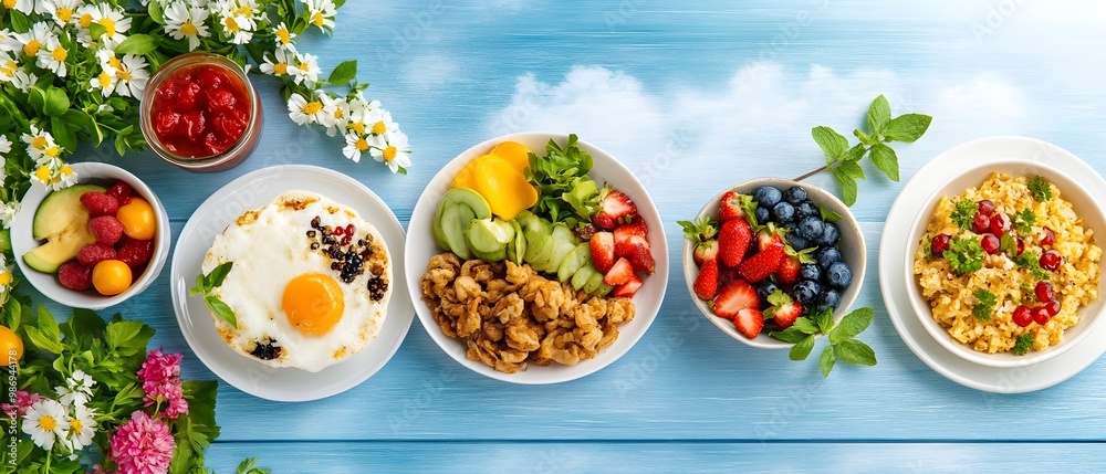 A colorful array of healthy breakfast dishes featuring fruits, vegetables, and grains, perfect for a refreshing start to the day. A colorful array of healthy breakfast dishes featuring fruits, vegetables, and grains, perfect for a refreshing start to the day.