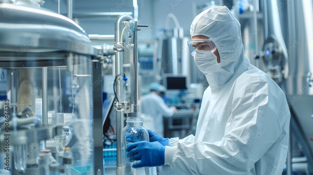 Lab technician monitoring bioreactor vessels in a pharmaceutical production setting.