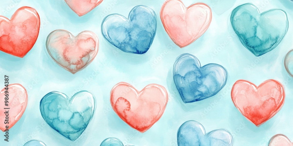 Watercolor Hearts on Blue Background Watercolor Hearts on Blue Background