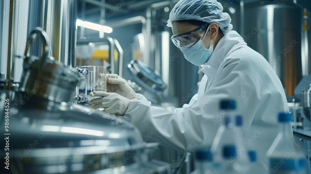 Lab technician monitoring bioreactor vessels in a pharmaceutical production setting.