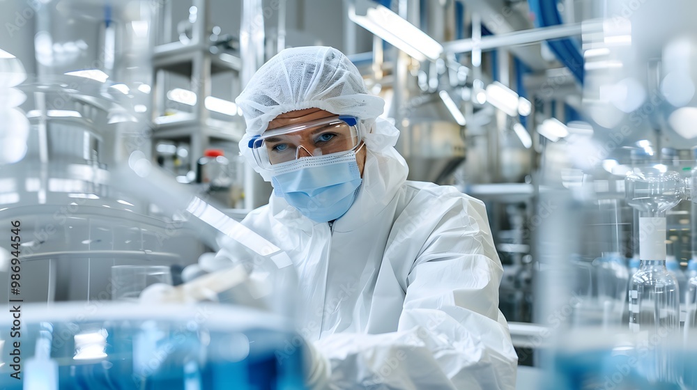 Lab technician monitoring bioreactor vessels in a pharmaceutical production setting. Lab technician monitoring bioreactor vessels in a pharmaceutical production setting.