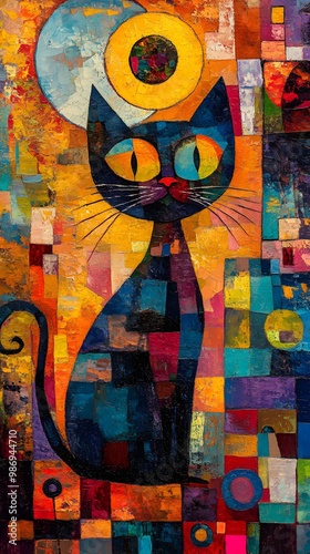 Geometric abstraction oil painting of a cat influenced by Wassily Kandinsky’s art photo