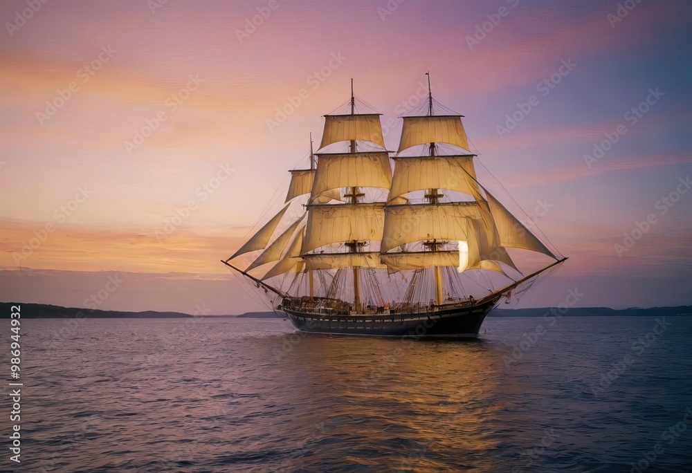 Fototapeta premium A majestic sailboat floats in the ocean at sunset on the horizon